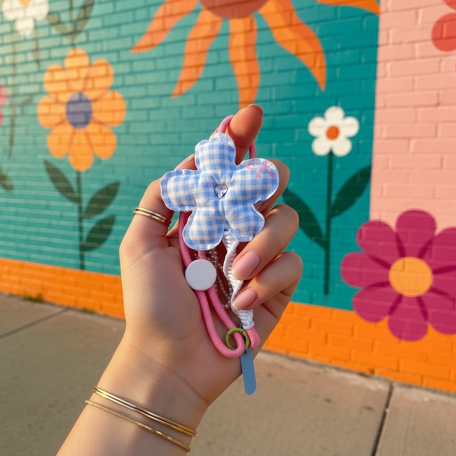 Blue Gingham Flower Phone Charm Strap