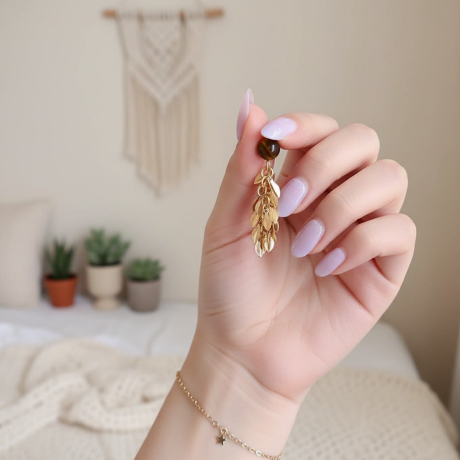Gold Leaf Cluster Drop Earrings With Tiger Eye Stone