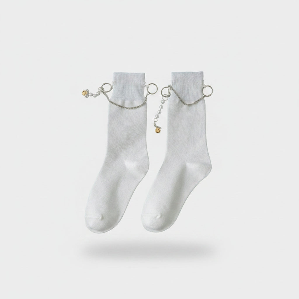 White Crew Socks With Chain Charm Detail