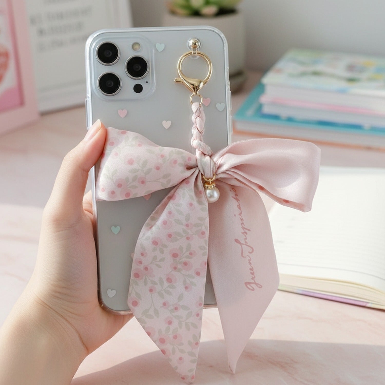 Blush Floral Ribbon Bow Acrylic Keyring