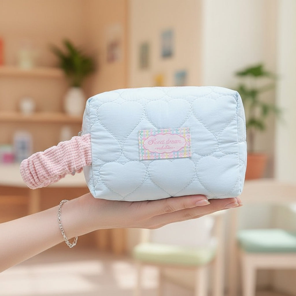 Quilted Cream Cosmetic Bag With Pink Scrunchie