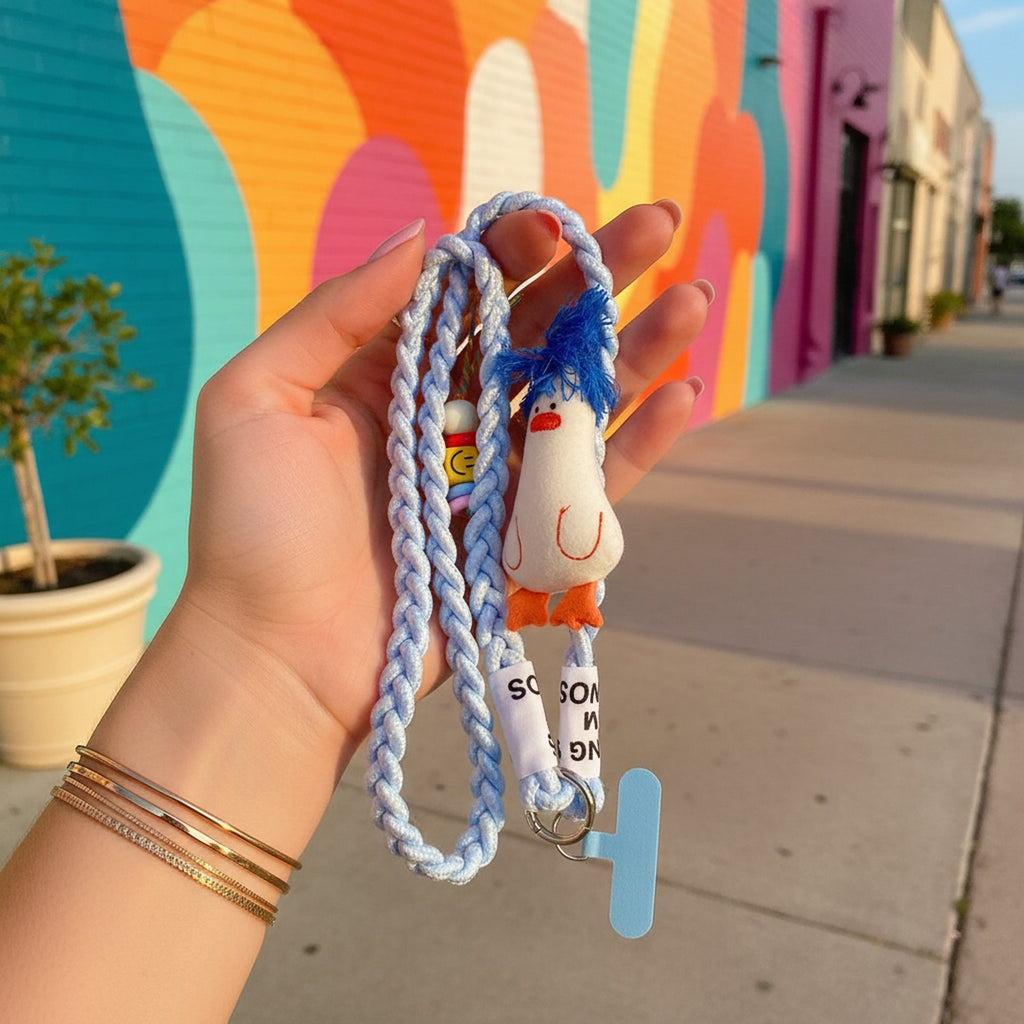 Blue Braided Rope Phone Charm With Doll Head