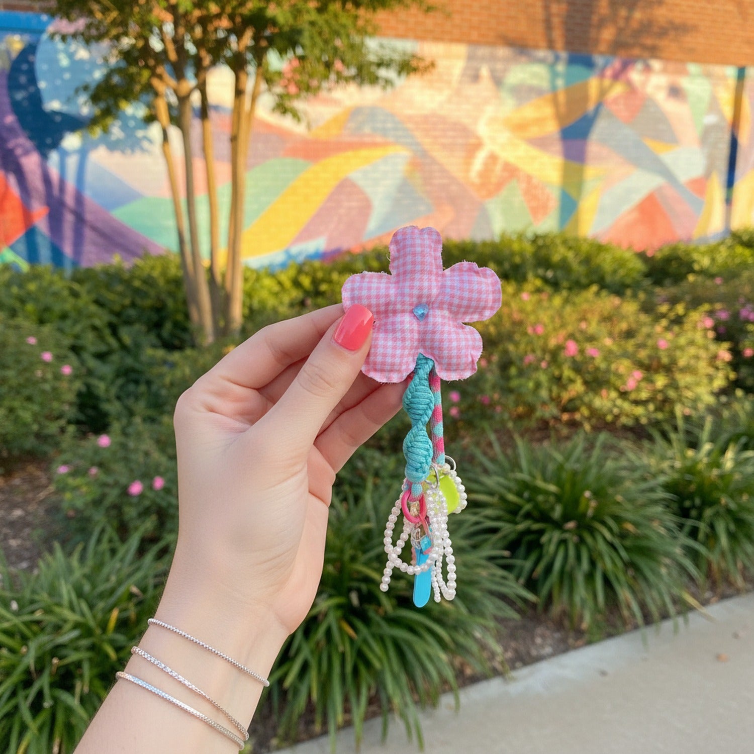 Blue Gingham Flower Phone Charm Strap