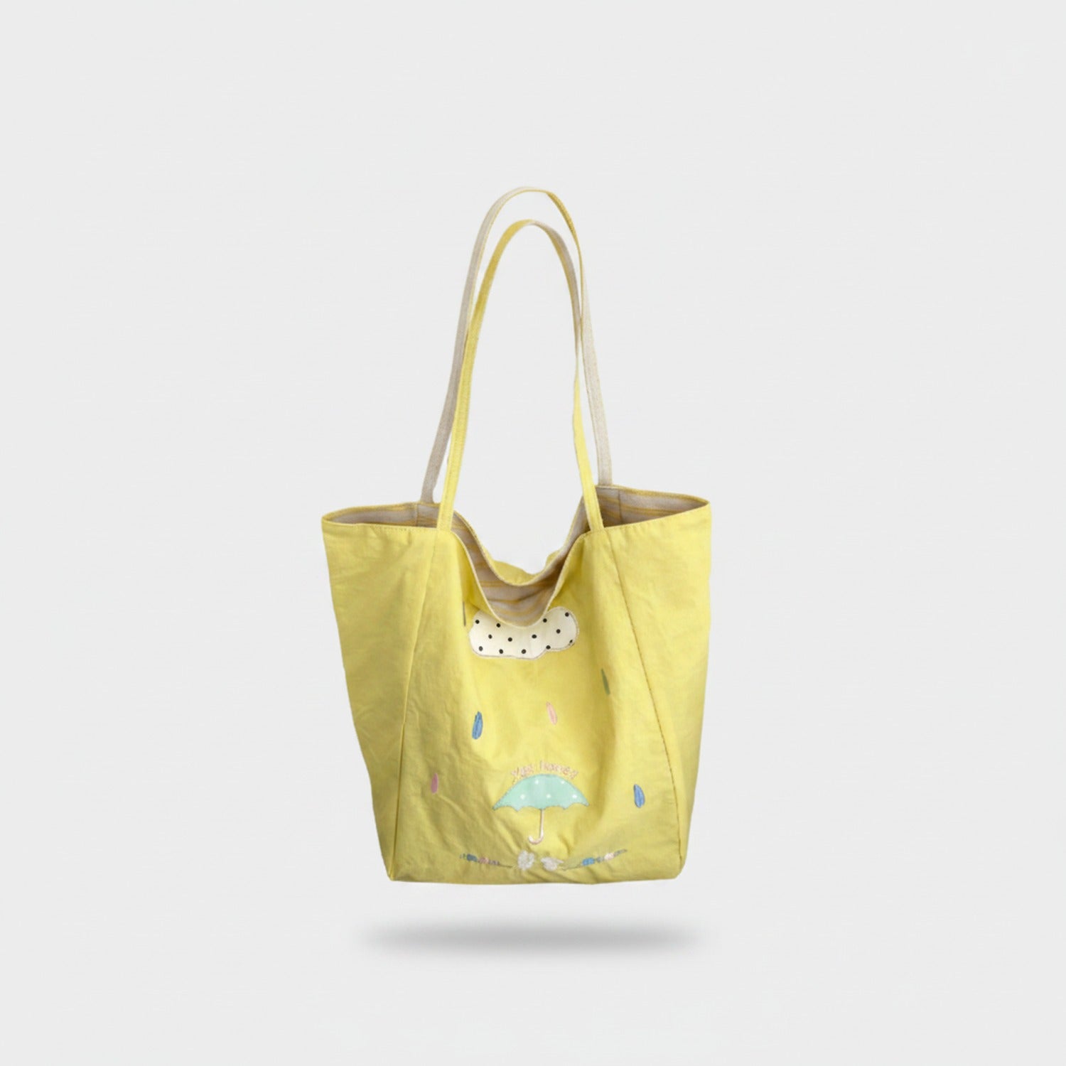 Yellow Umbrella Canvas Tote Bag With Polka Dot Trim