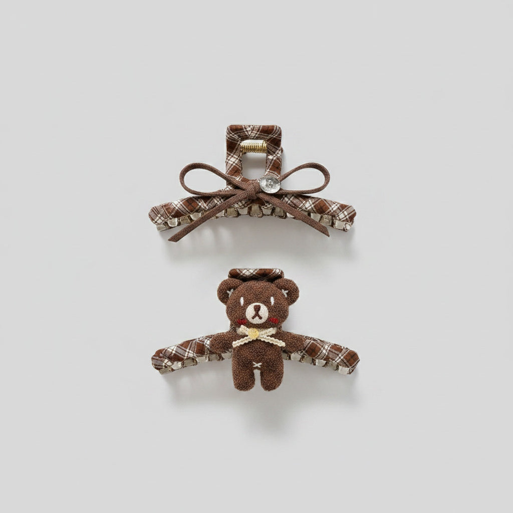 Brown Plaid Teddy Bear Hair Claw Clip