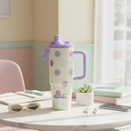 Cream Polka Dot Tumbler With Purple Handle
