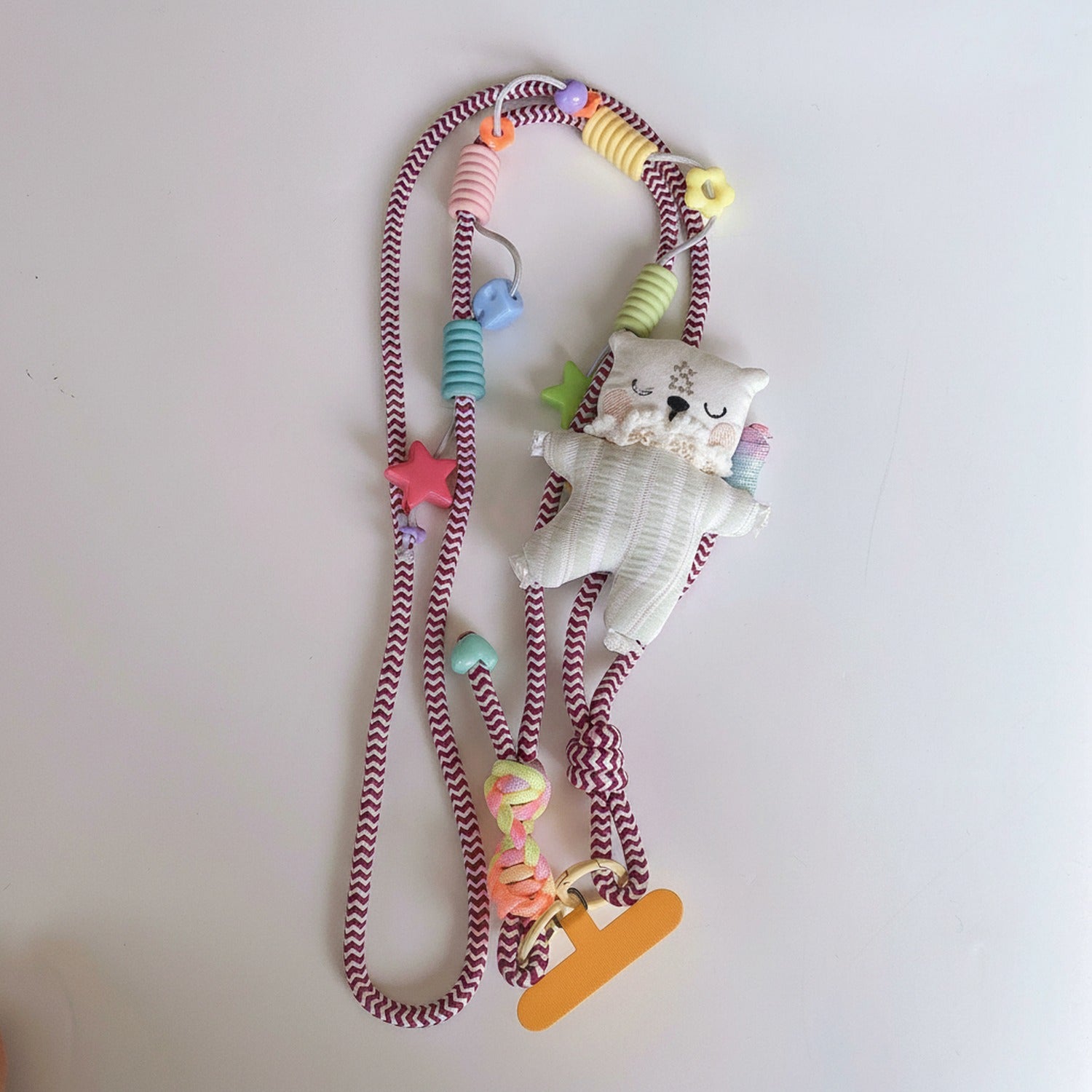 Pastel Cat Charm Phone Strap with Beaded Accents