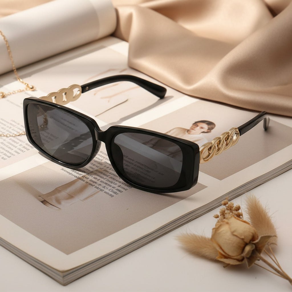 Black Square Sunglasses With Gold Chain Detail