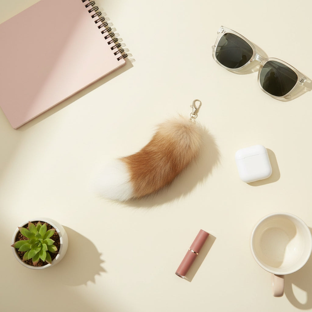 Fluffy Tan & White Faux Fur Keychain Charm