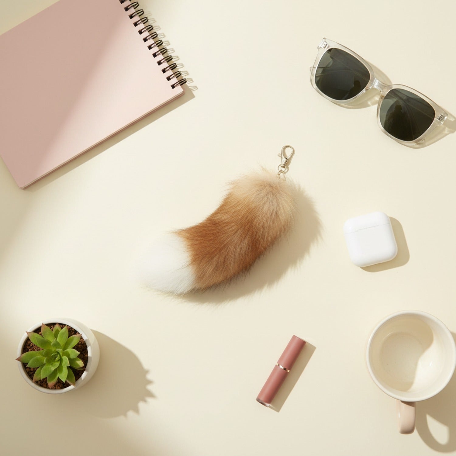Fluffy Tan & White Faux Fur Keychain Charm