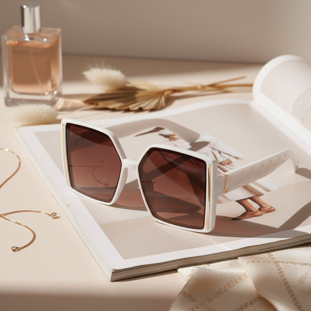 Cream Square Gradient Sunglasses With Gold Accent