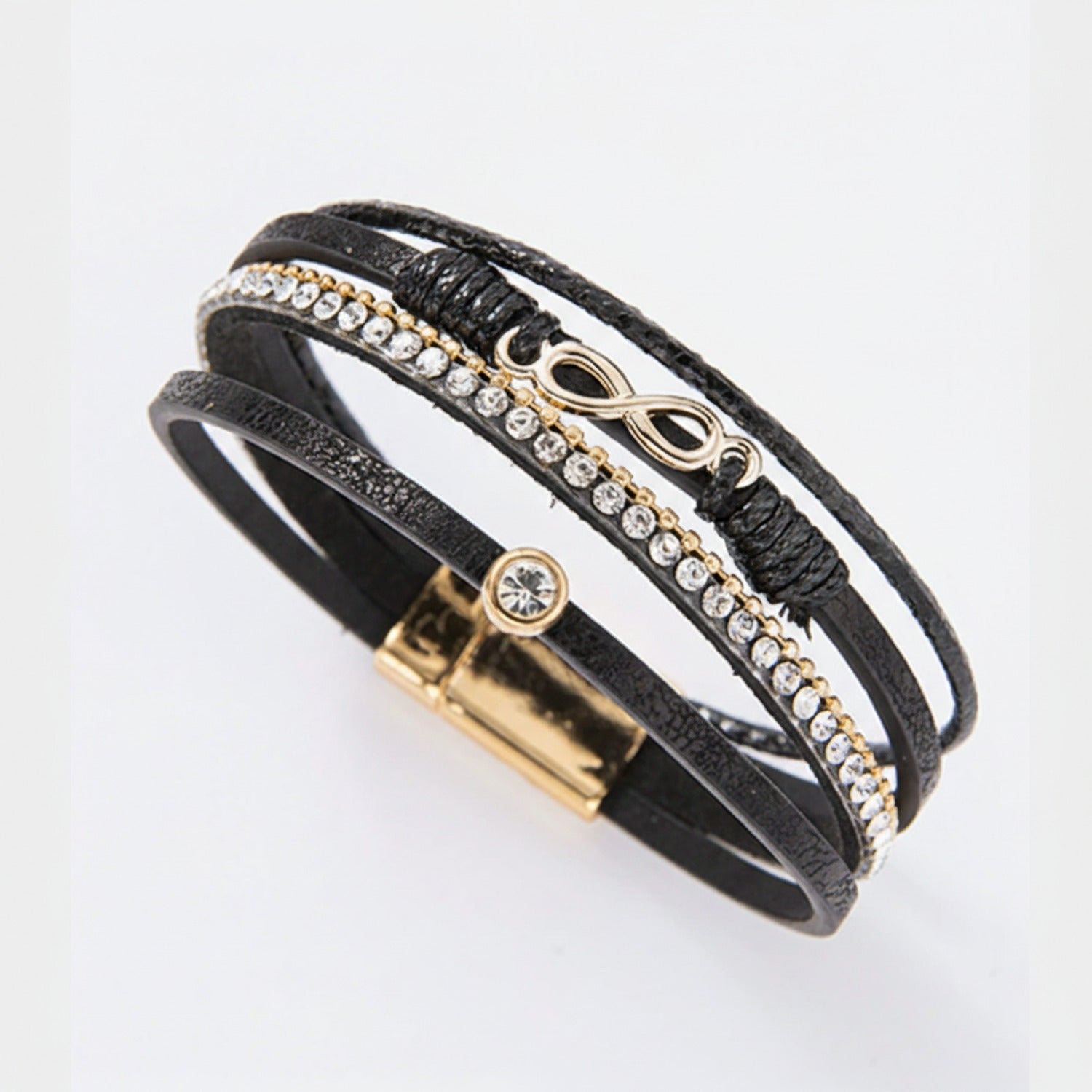 Black Leather Infinity Rhinestone Multi-Strand Bracelet