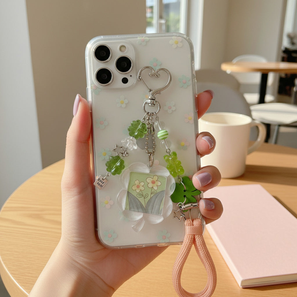 Flower Acrylic Keyring With Clover Charm Beads