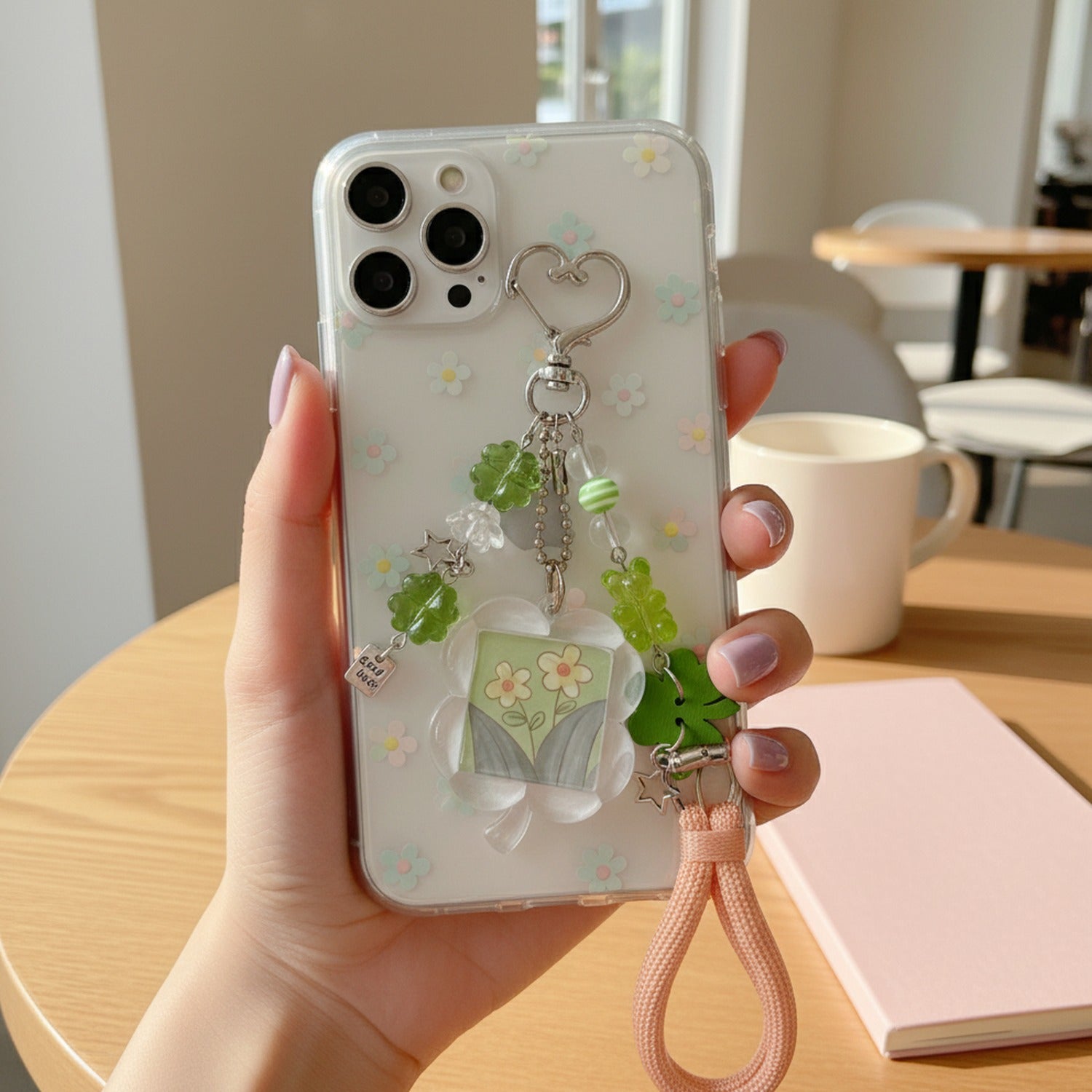 Flower Acrylic Keyring With Clover Charm Beads