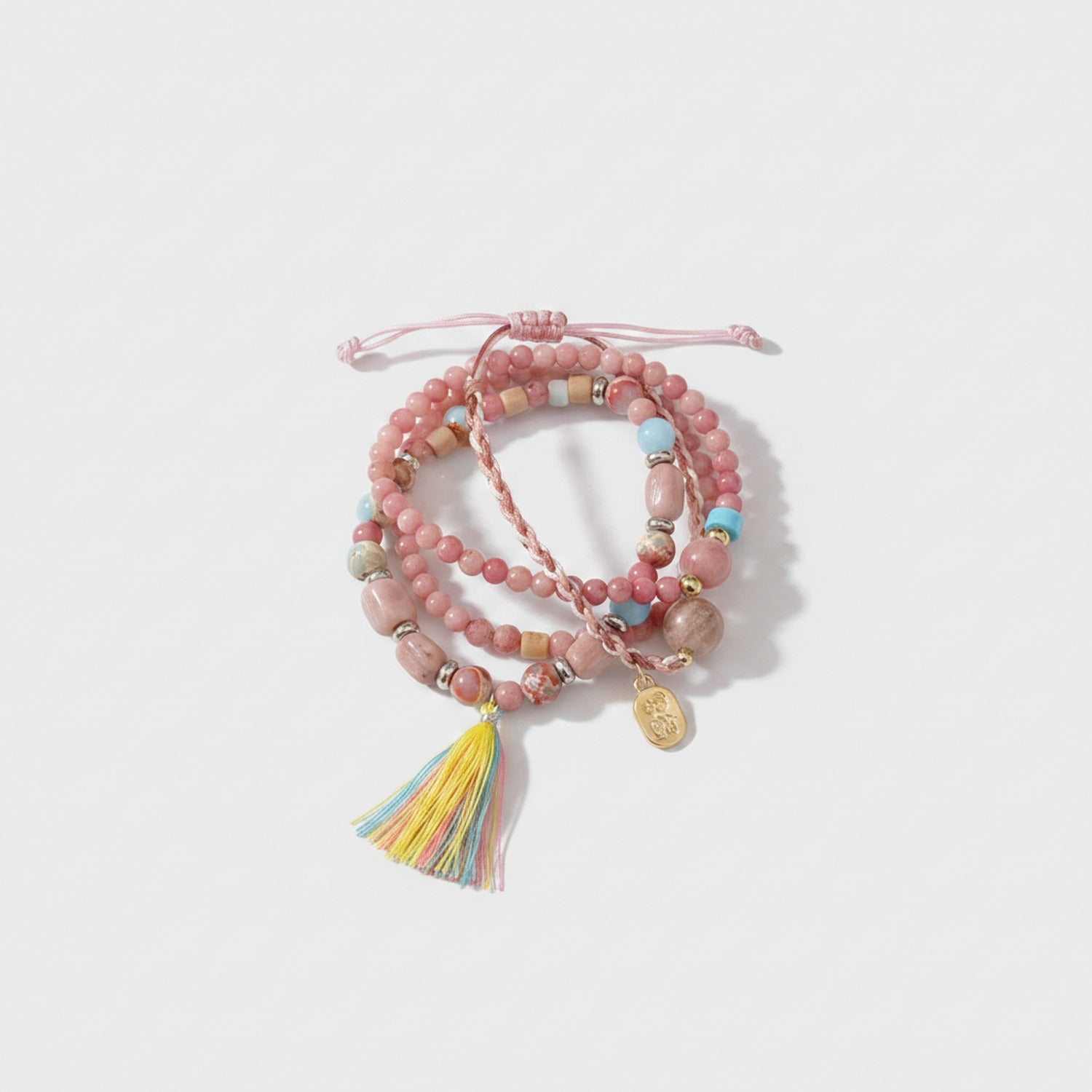 Pink Beaded Bracelet Set With Tassel Charm
