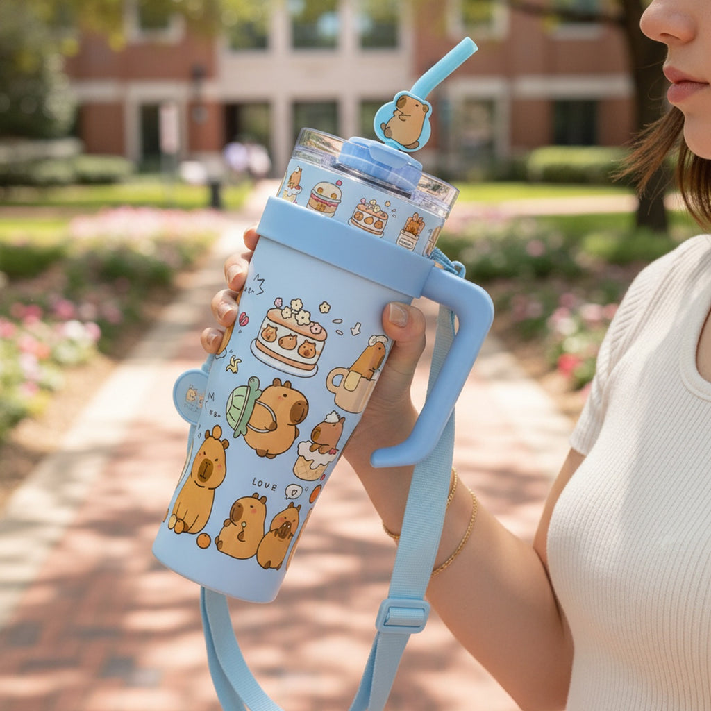 Pink Capybara Printed Tumbler With Handle And Straw