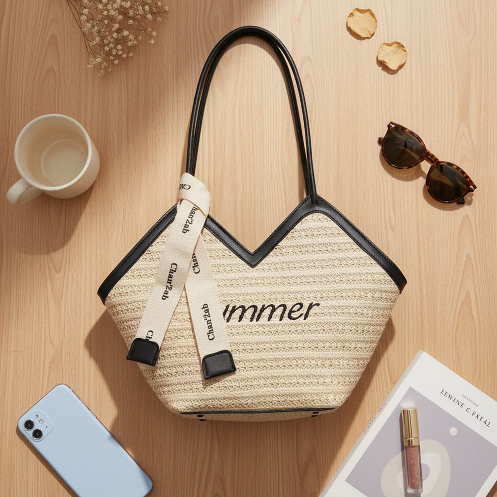 Beige Straw Tote Bag With Black Handles And Ribbon Charm