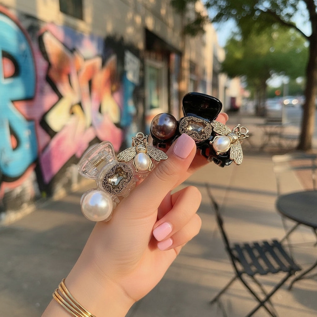 Pearl Bee Charm Gold Hair Claw Clip