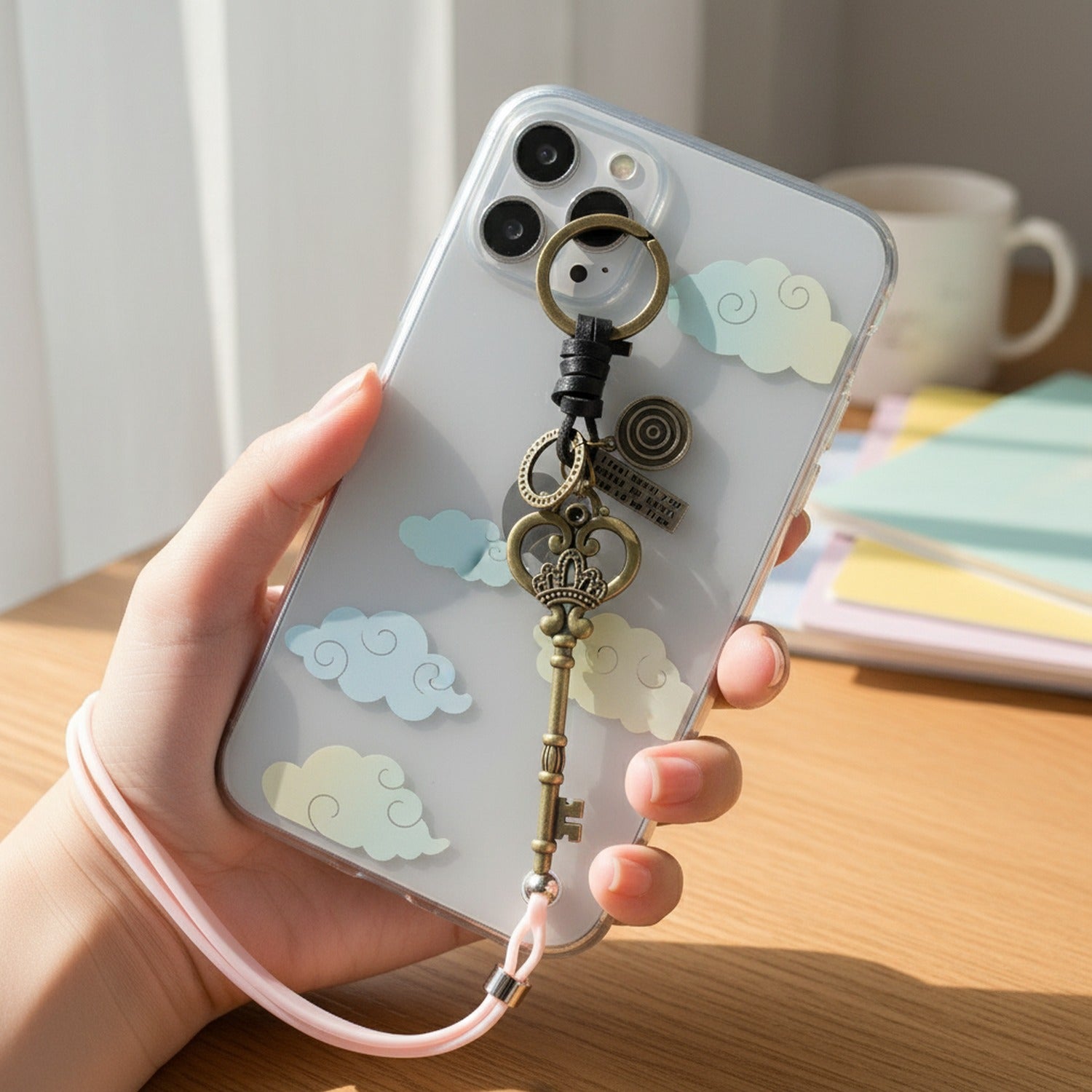 Vintage Brass Key Charm Keyring With Celestial Pendant