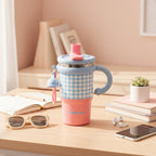 Gingham Blue And Pink Tumbler With Handle
