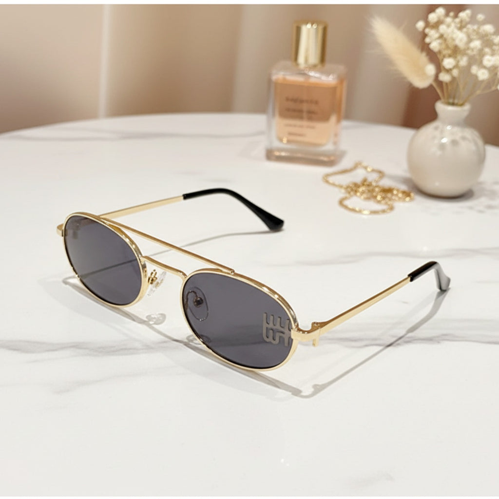 Gold Oval Sunglasses With Geometric Temple Details