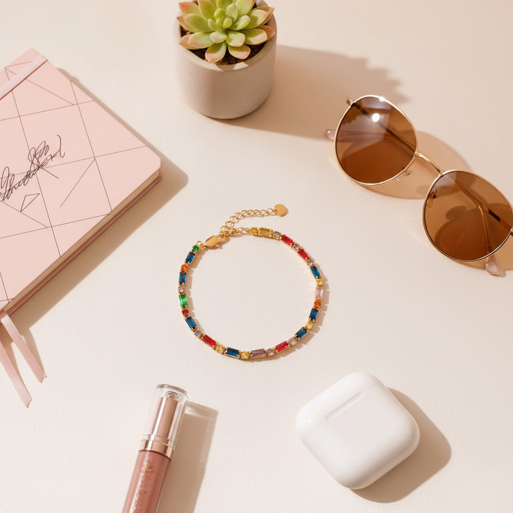 Colorful Rectangular Crystal Gemstone Chain Bracelet