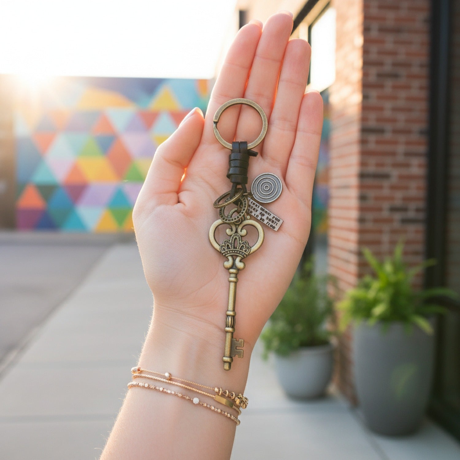 Vintage Brass Key Charm Keyring With Celestial Pendant