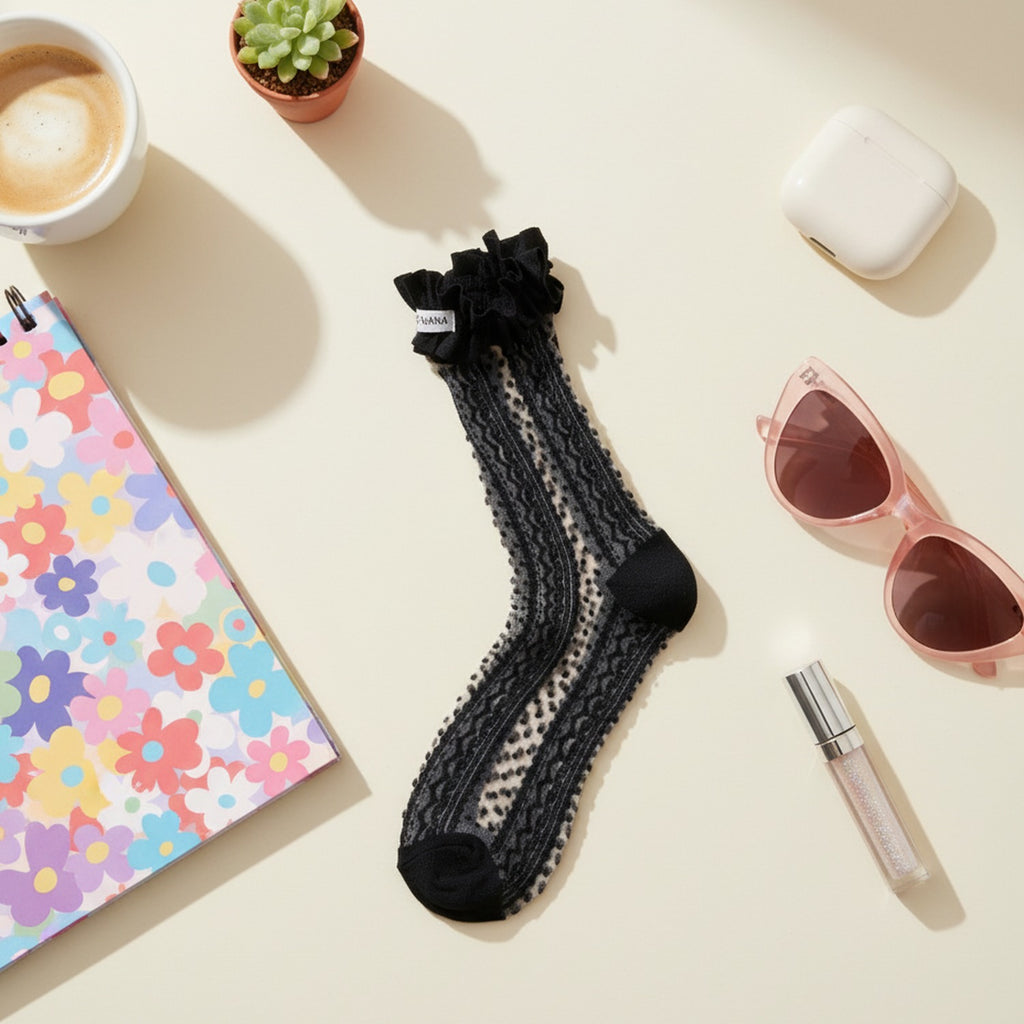 White Ribbed Crew Socks With Ruffled Cuff