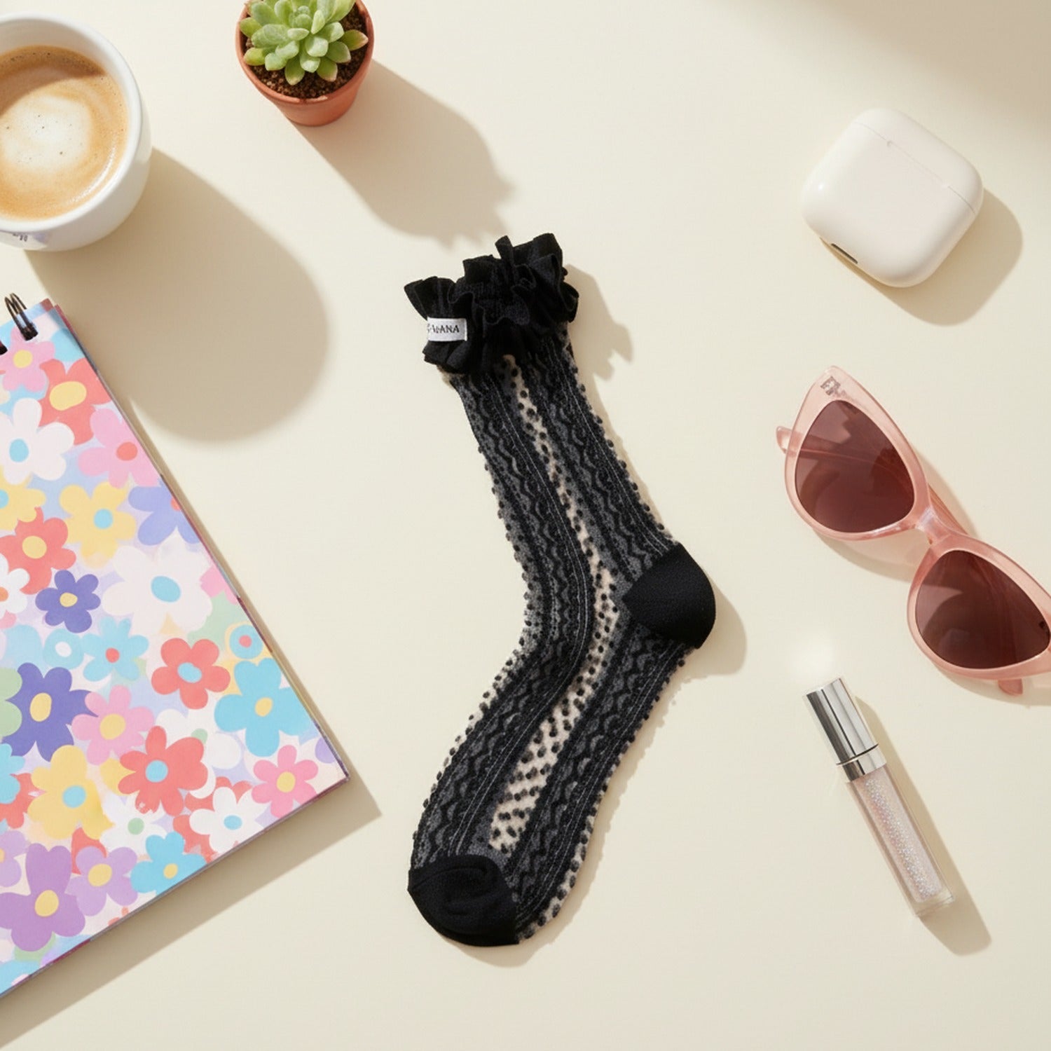 White Ribbed Crew Socks With Ruffled Cuff