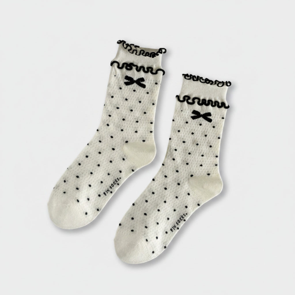 Cream Polka Dot Crew Socks With Bow