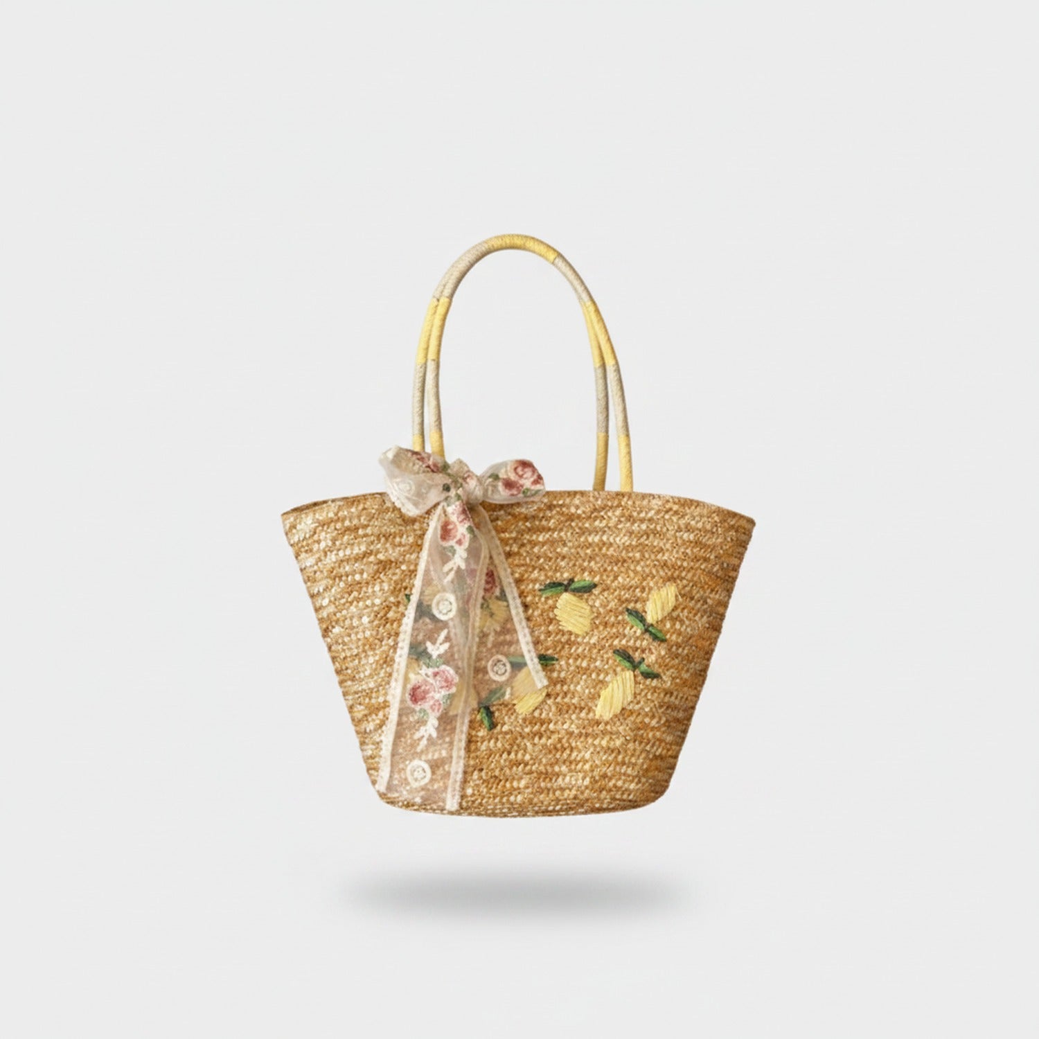 Straw Tote Bag With Floral Ribbon Bow