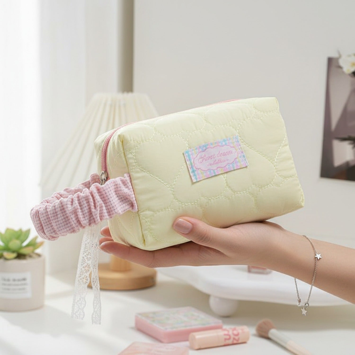 Quilted Cream Cosmetic Bag With Pink Scrunchie