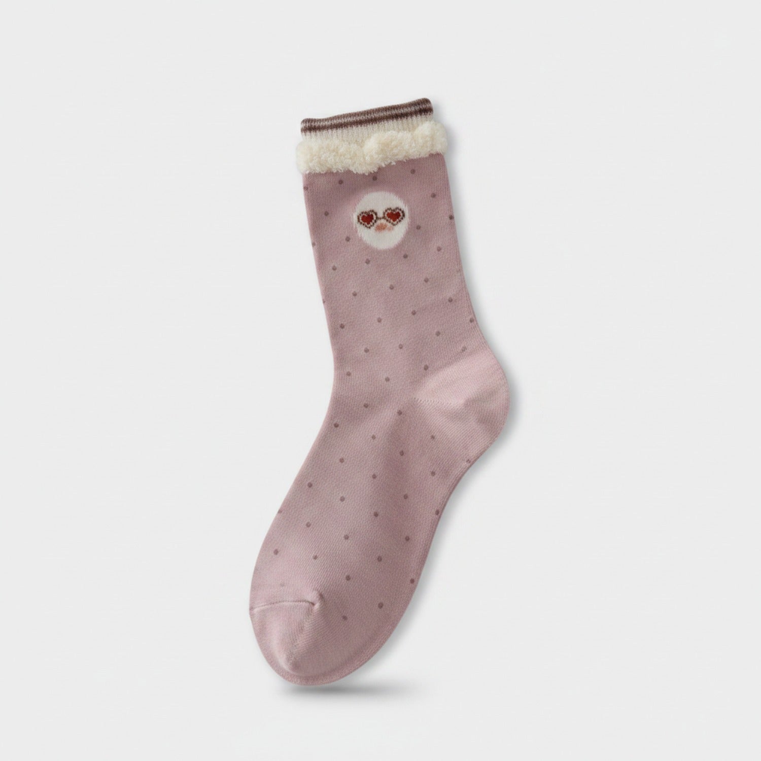 Mauve Heart Fuzzy Cuff Crew Socks