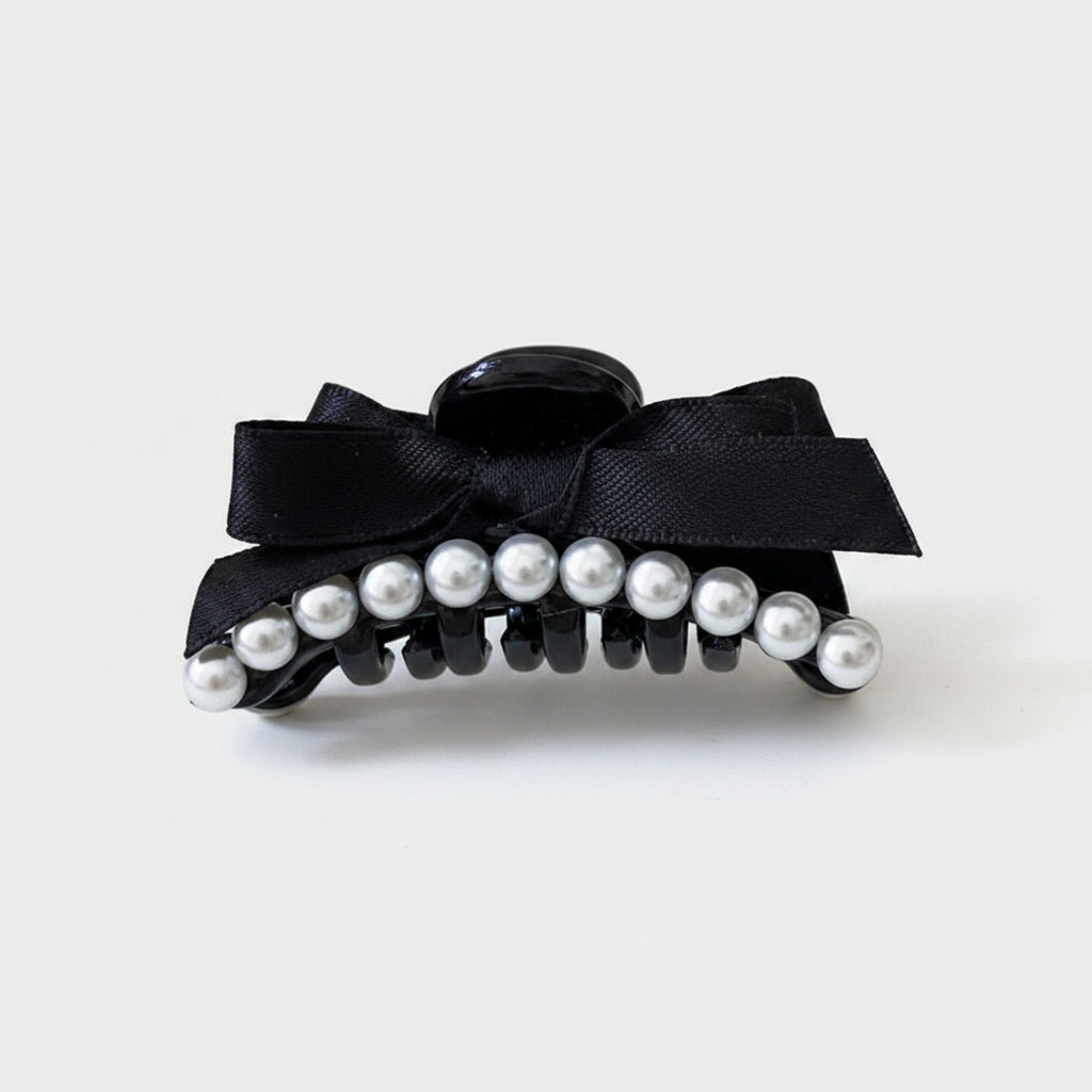 Black Pearl Beaded Hair Claw Clip With Bow