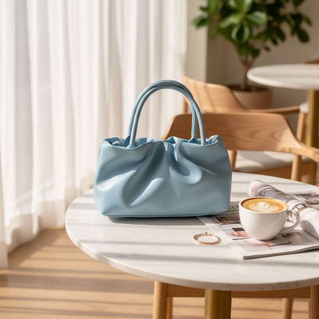 Cloud Puff Blue Ruched Tote Handbag