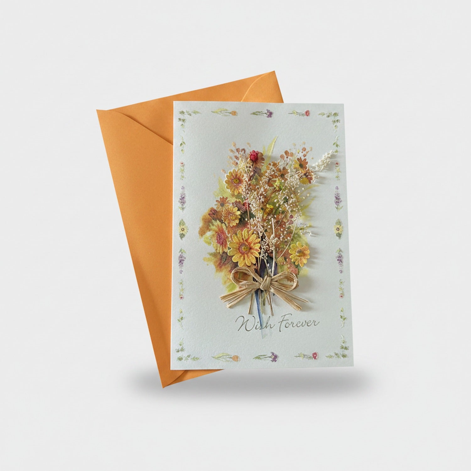 Autumn Wildflower Bouquet Greeting Card With Ribbon Bow