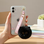 Black Fluffy Ball Keychain With Gold Chain