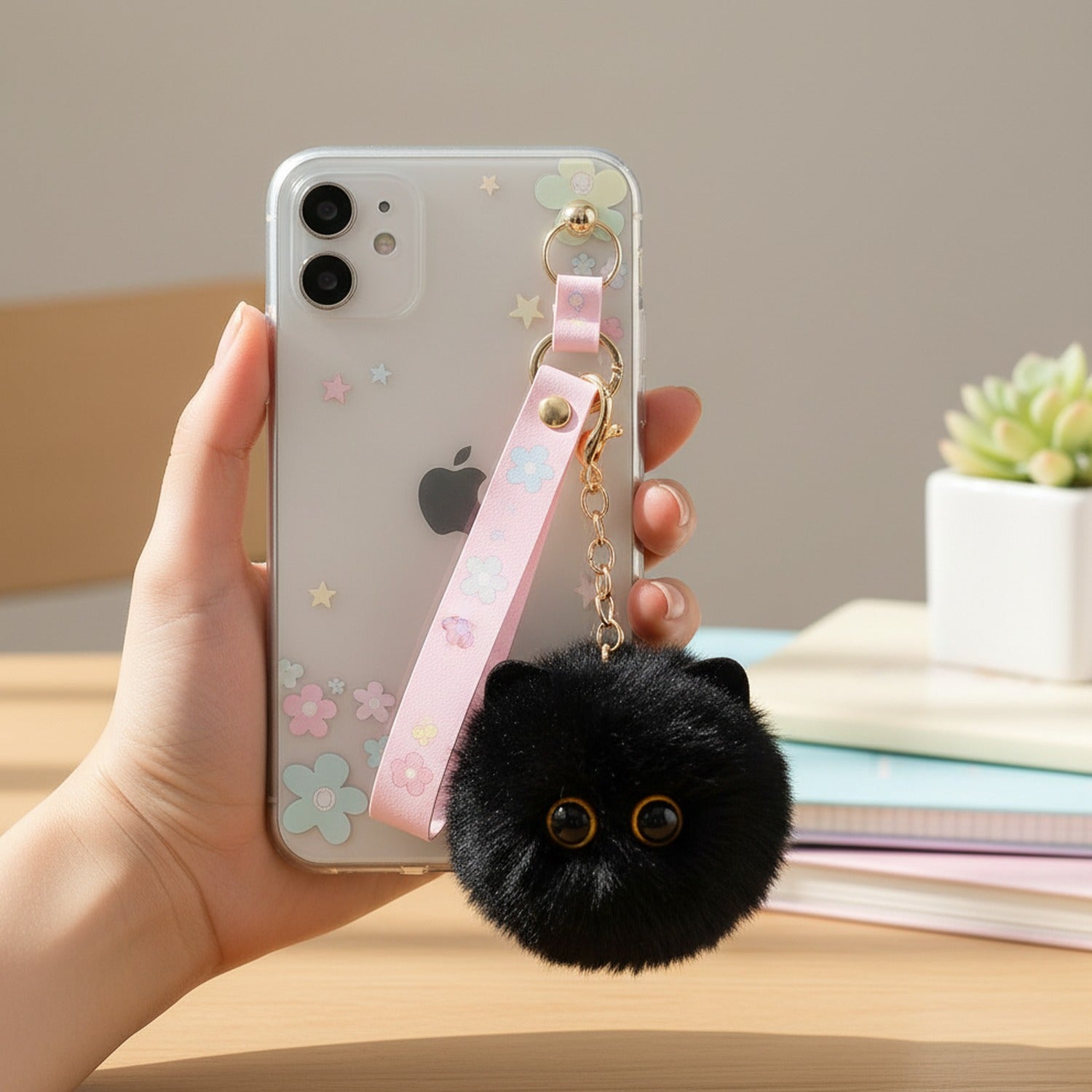 Black Fluffy Ball Keychain With Gold Chain