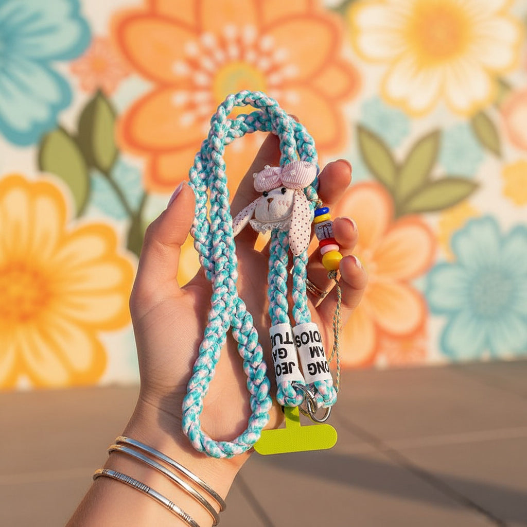 Turquoise Braided Rope Phone Charm With Bunny Pendant