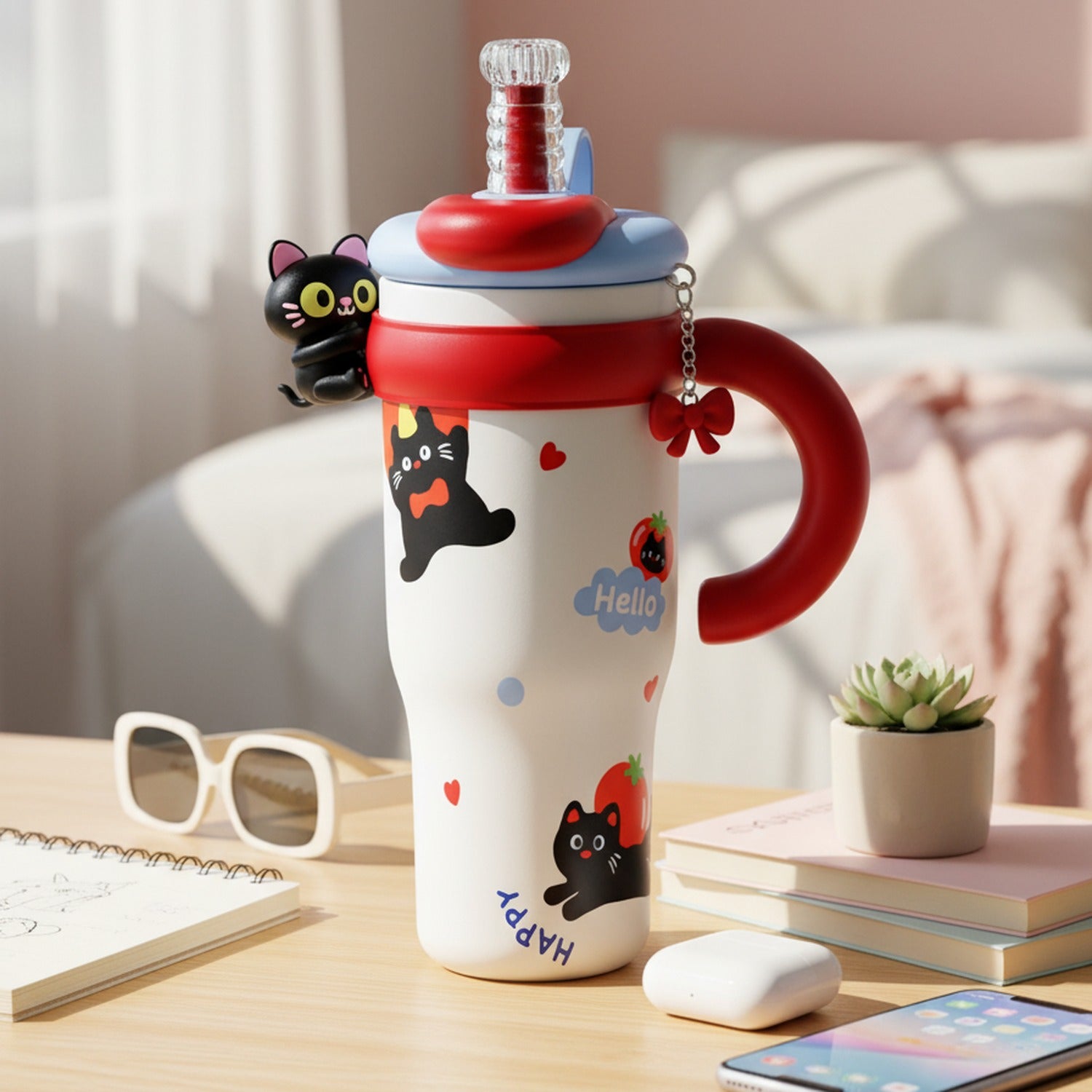 Black Cat Charm Red & White Tumbler Cup