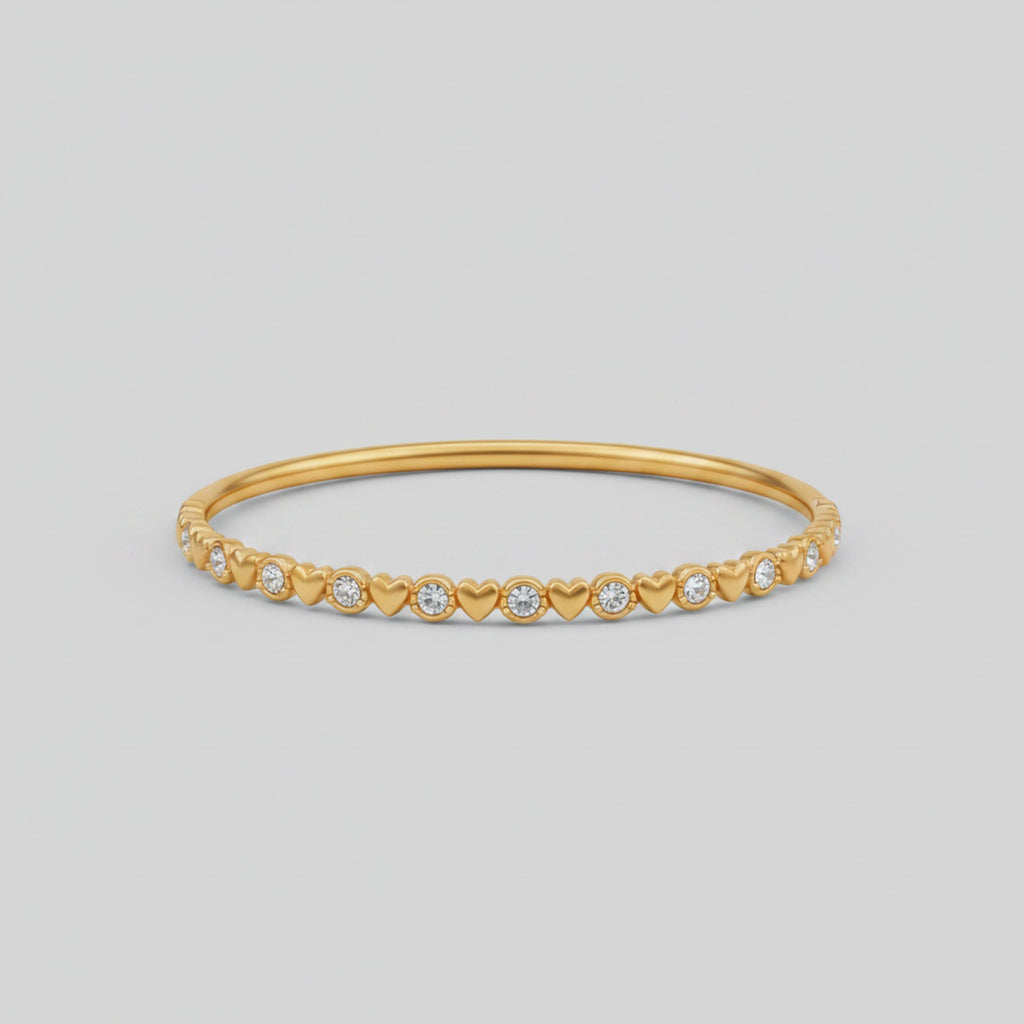 Gold Heart And Crystal Circle Bangle Bracelet