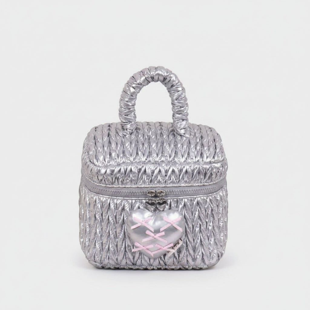 Silver Puffed Cosmetic Bag With Pink Heart Charm