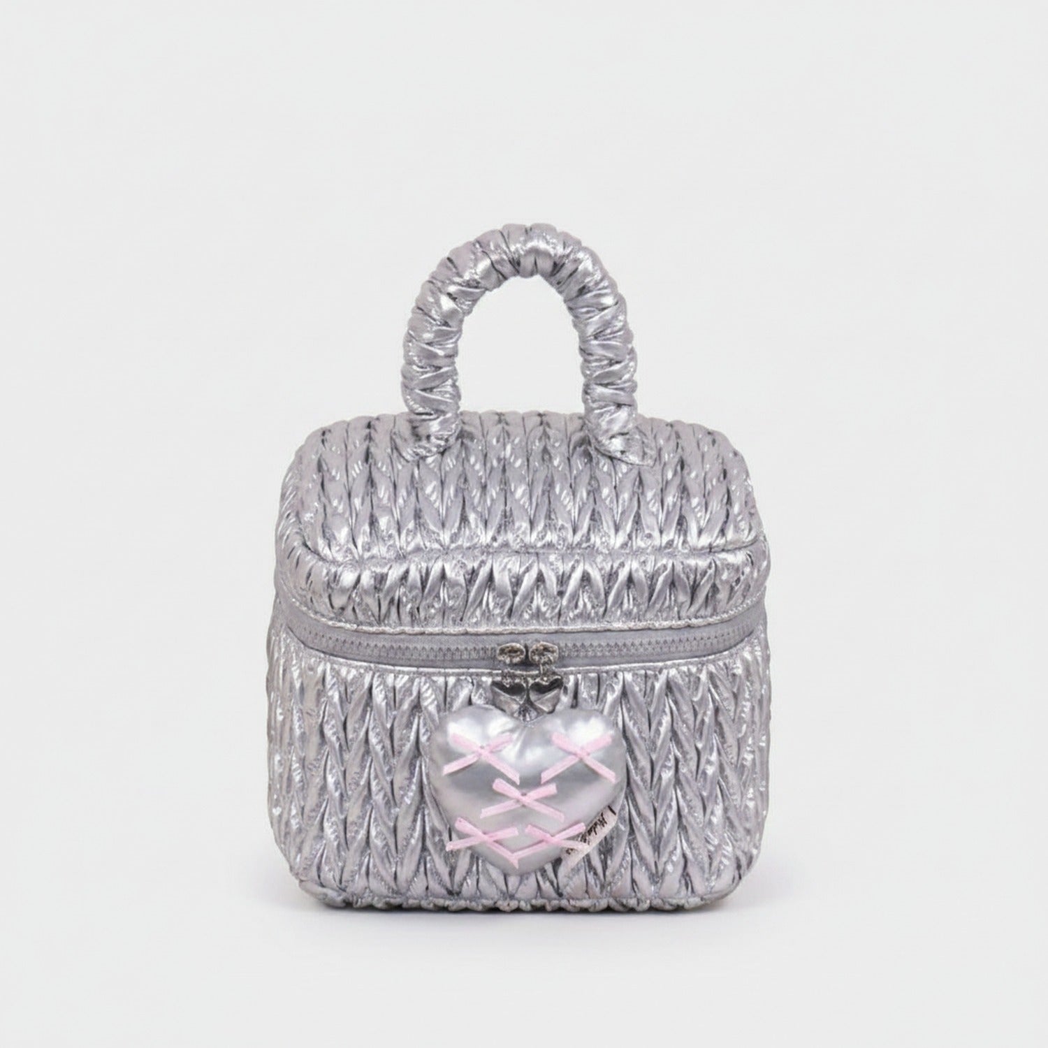 Silver Puffed Cosmetic Bag With Pink Heart Charm