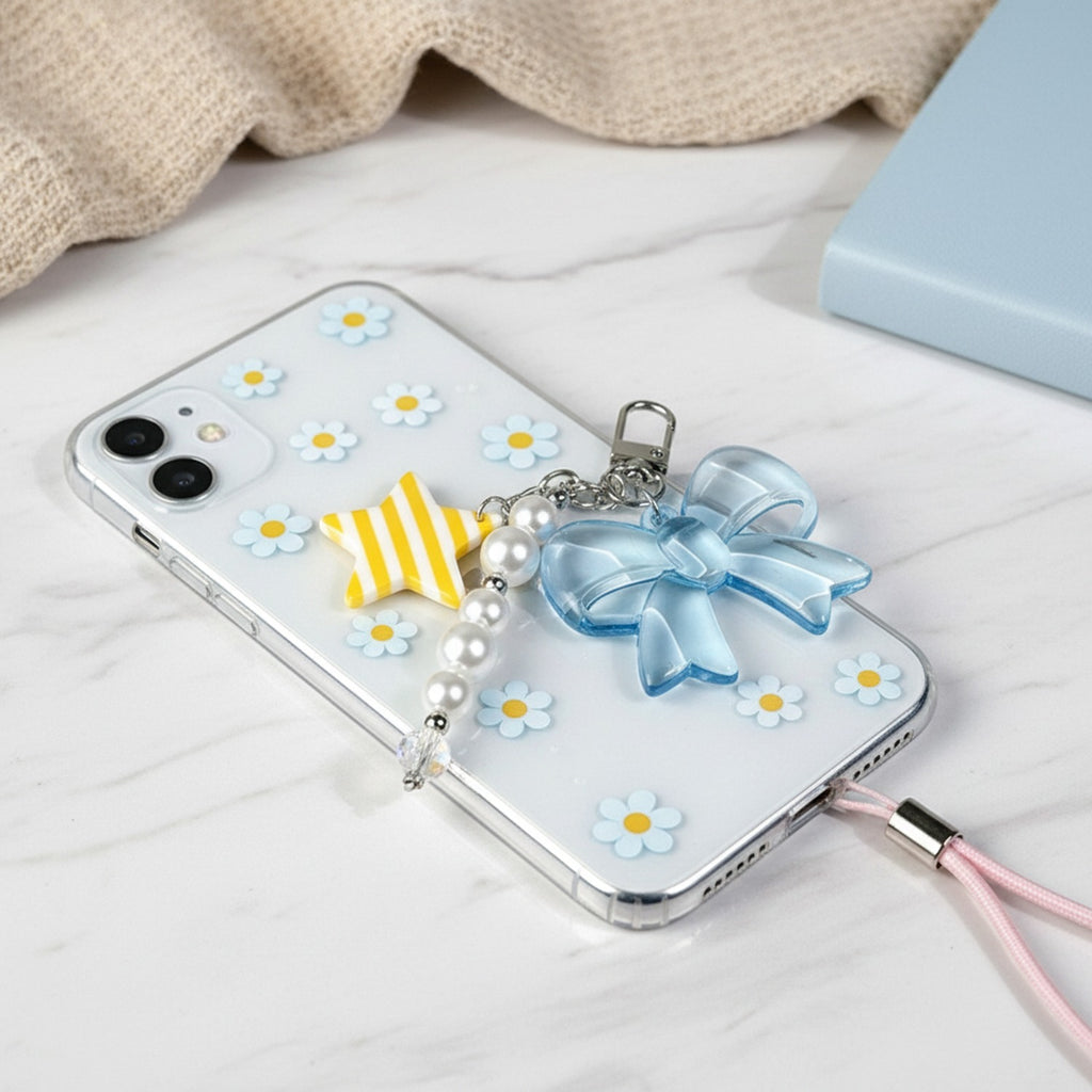 Blue Bow Pearl Beaded Star Acrylic Keyring