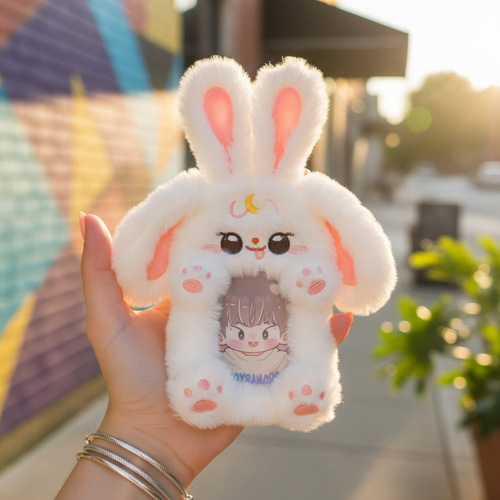 White Fluffy Bunny Phone Charm With Mini Doll