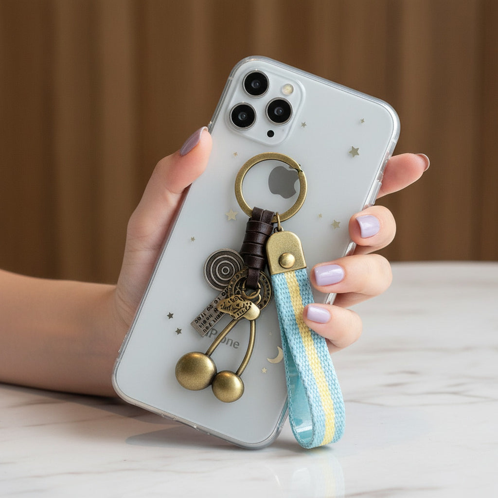 Brass Ball Charm Leather Keyring With Mirror Pendant
