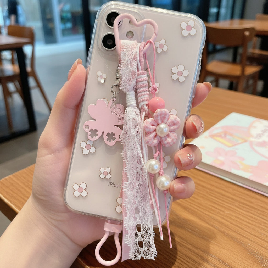 Pink Floral Lace Keyring With Pearl Charms