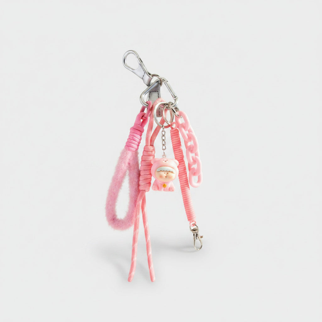 Pink Fluffy Charm Keychain With Ribbon Tassels