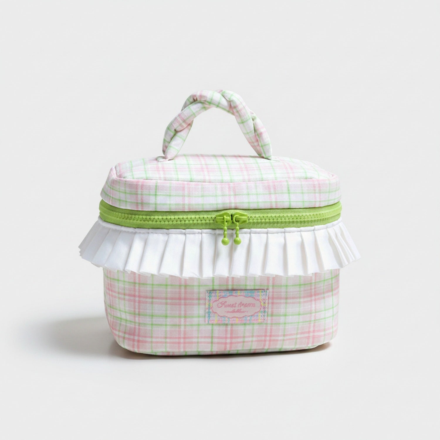 Cosmetic Bag With Ruffle Trim - Pink Green Plaid