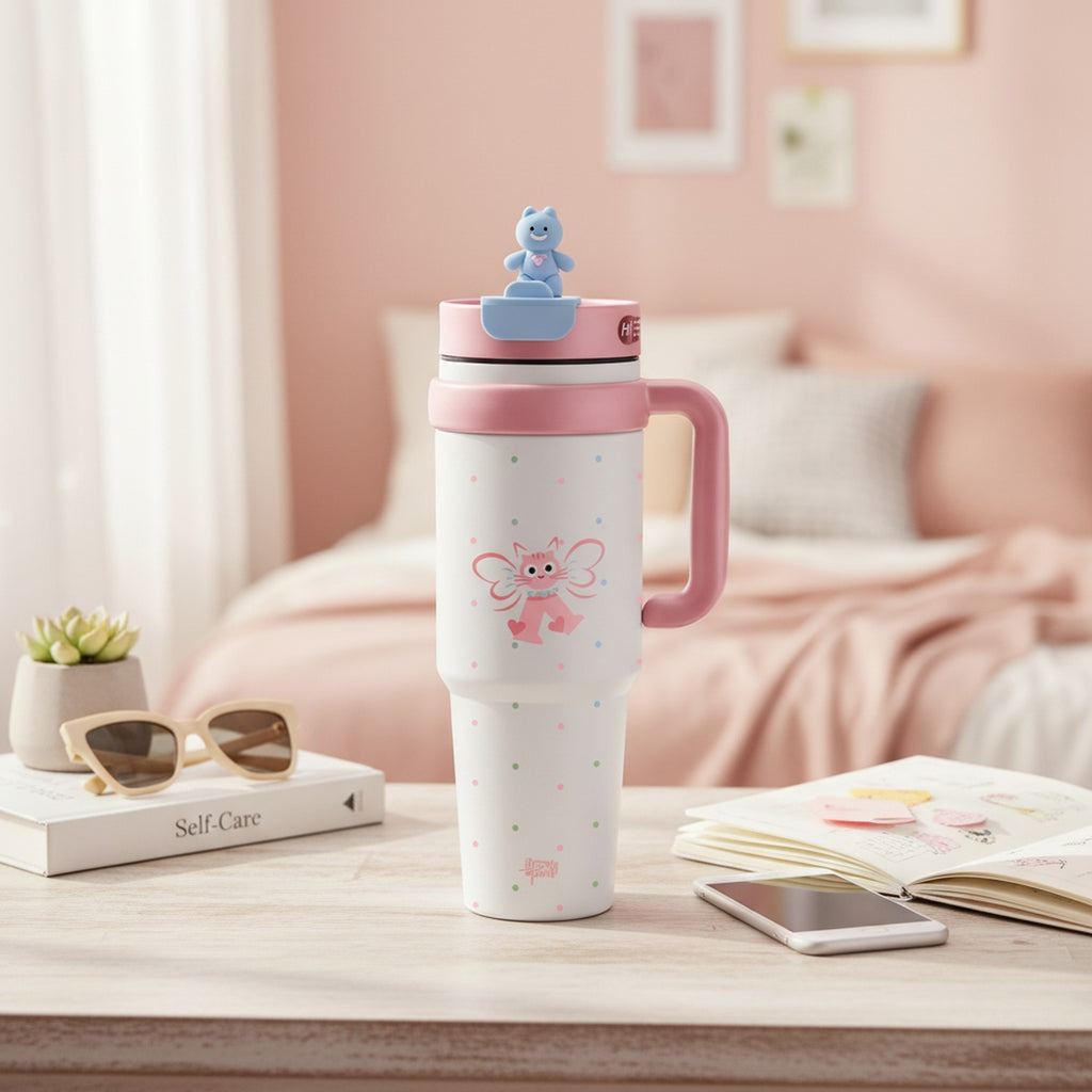 Butterfly Cat Pink Insulated Tumbler With Handle